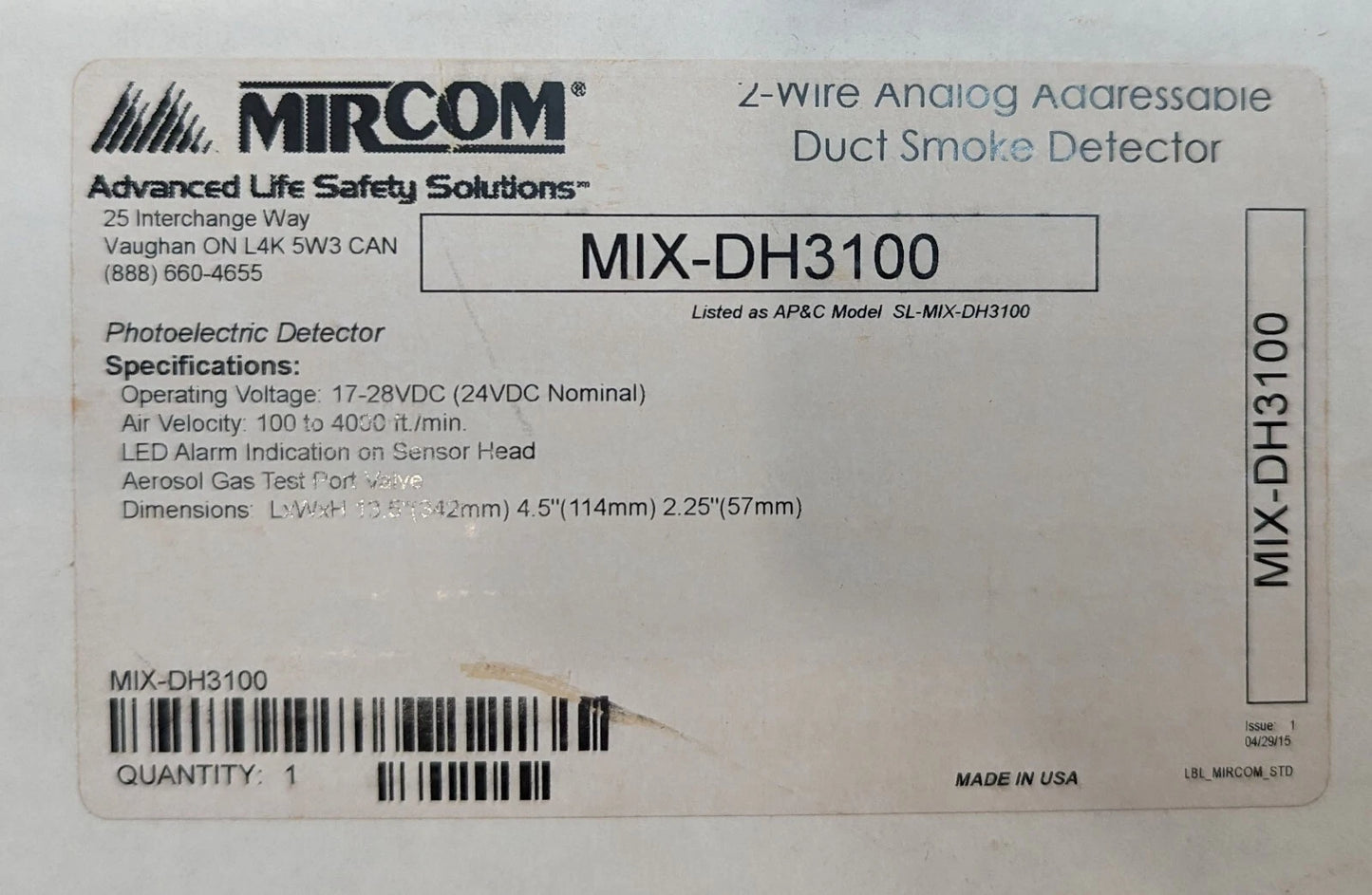 Mircom MIX-DH3100 Intelligent Addressable Duct Detector