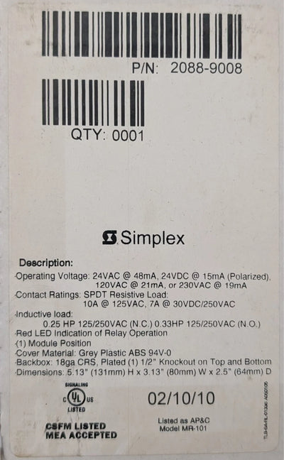 Simplex 2088-9008 Fire Alarm Control Relay