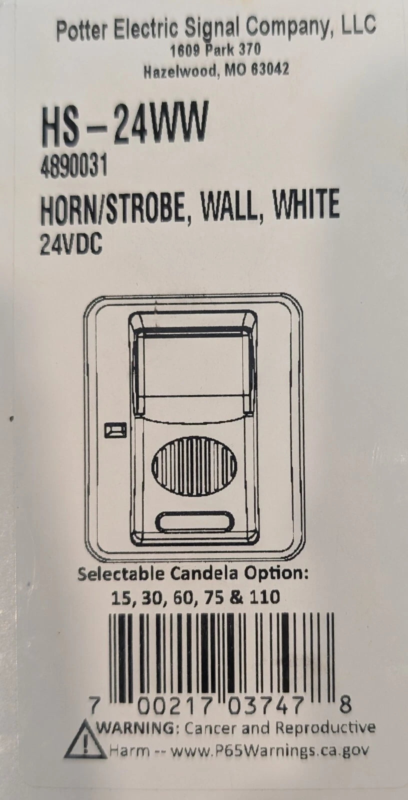 Potter HS-24WW Selectable Candela Wall Mount Horn Strobe