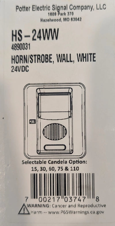 Potter HS-24WW Selectable Candela Wall Mount Horn Strobe